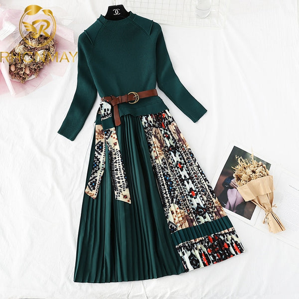 Elegnat Women's Knitted Patchwork Printing Pleated Dress Autumn Long Sleeve O Neck Belt Midi Dresses