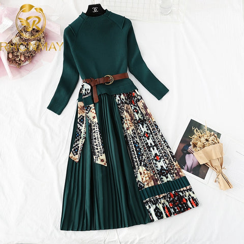 Elegnat Women's Knitted Patchwork Printing Pleated Dress Autumn Long Sleeve O Neck Belt Midi Dresses