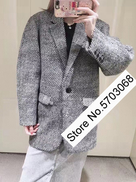 Elfstyle Women Wool Blend Tweed Lapel Pocket One Buttoned Blazer Outerwear Top