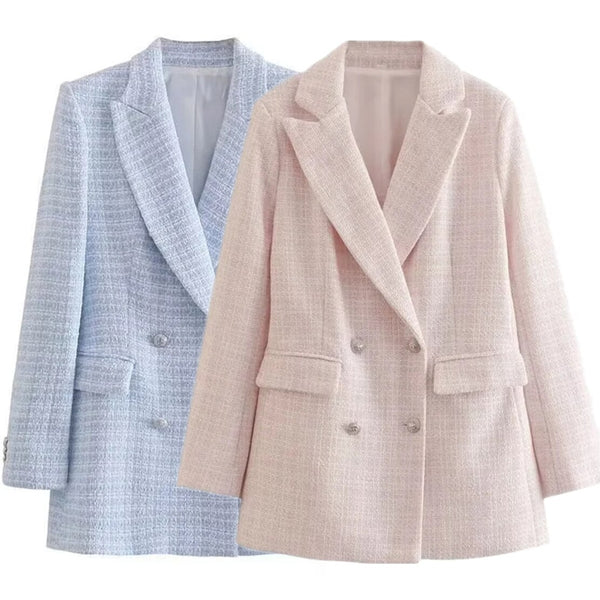 Elmsk 2023 England Style Office Lady Texture Straight Jacket Women Double Breasted Notched Long Blazers Woolen