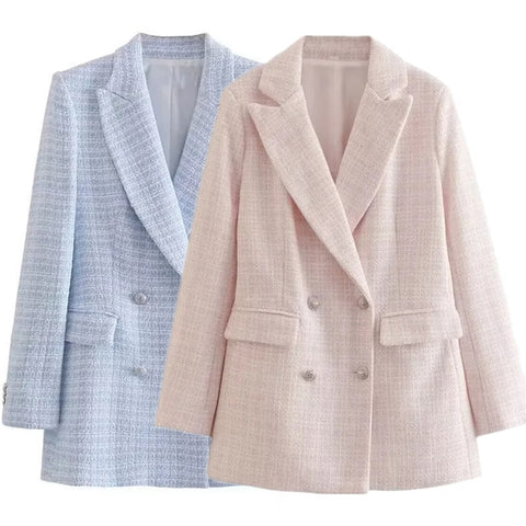 Elmsk 2023 England Style Office Lady Texture Straight Jacket Women Double Breasted Notched Long Blazers Woolen