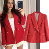 Elmsk 2023 Ins Blogger Women Jacket England Style Retro Gold Double Breasted Red Color Tweed Casual Blazers Tops