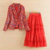 Embro Mill autumn women 2 pieces set vintage slim print suit + red A-line mesh skirts elegant lady suit female S-XL