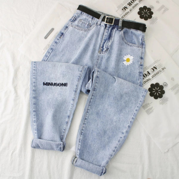 Embroidered daisy retro Y2K casual jeans straight pants Women's High Waist Embroidered Loose Large Size Jeans ins Trend jeans