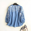 Embroidery Denim Blouse Women Light Blue Soft Jeans Blouses Hem O Neck Three Quarter Sleeve Ruffles Casual Shirt Sweet Top