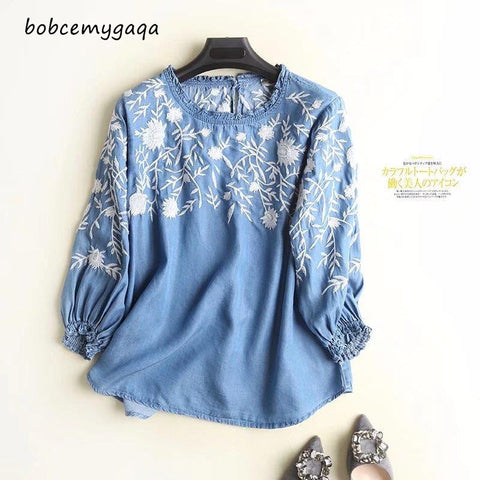 Embroidery Denim Blouse Women Light Blue Soft Jeans Blouses Hem O Neck Three Quarter Sleeve Ruffles Casual Shirt Sweet Top
