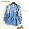 Embroidery Denim Blouse Women Light Blue Soft Jeans Blouses Hem O Neck Three Quarter Sleeve Ruffles Casual Shirt Sweet Top