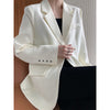 Embroidery Sleeve Detailed Flap Pocket Elegant Blazer Beige Gray Shoulder Pad Autumn Casual Women Coat