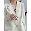 Embroidery Sleeve Detailed Flap Pocket Elegant Blazer Beige Gray Shoulder Pad Autumn Casual Women Coat