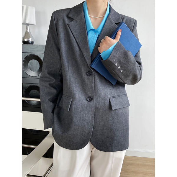 Embroidery Sleeve Detailed Flap Pocket Elegant Blazer Beige Gray Shoulder Pad Autumn Casual Women Coat