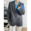 Embroidery Sleeve Detailed Flap Pocket Elegant Blazer Beige Gray Shoulder Pad Autumn Casual Women Coat