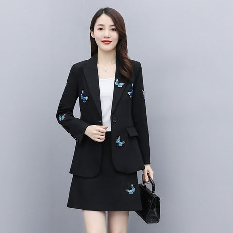 Embroidery Women Blazer Set Spring Autumn Elegant Office Lady Single Button Suit Jacket Short Wrap Skirts 2 Piece Set