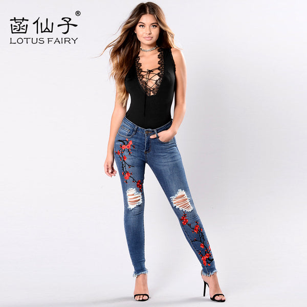 Embroidery high waist woman jeans skinny Vintage Ripped freddy pants Stretch pencil female botto Elastic Deni trousers mujer