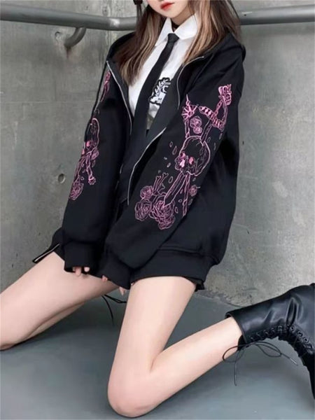Emo Clothes Gothic Black Kpop Style Anime Graphic Pink Hoodies Sweatshirts Y2k Aesthetic Streetwear Long Sleeve Women Hoodie