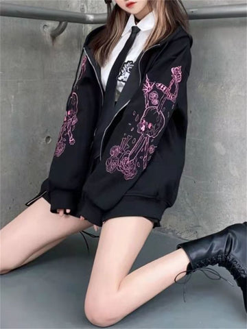 Emo Clothes Gothic Black Kpop Style Anime Graphic Pink Hoodies Sweatshirts Y2k Aesthetic Streetwear Long Sleeve Women Hoodie