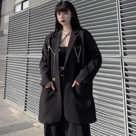 Emo Harajuku Autumn Women Jackets Black Oversized Gothic Punk Hip Hop Vintage Blazer Coats Alt Chain Loose Suit Jacket Clothes