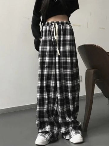 Emo Pants Aesthetic Plaid Checked Printed Women Korean Vintage Baggy Trousers Female Wide Leg Harajuku Loose Sweatpants