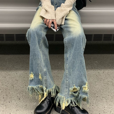 Emo Pants Baggy Jeans Girl Y2K Irregular Hem Women Vintage Grunge Ripped Alt Straight High Waist Harajuku Hippie Denim Trousers