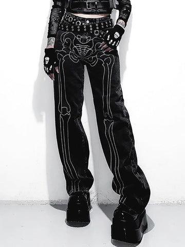 Emo Skeleton Print Women Jeans Techwear Hippie Baggy Jeans Mom Goth Punk Black Denim Trousers Cyber Y2k Pants Academic Clothes