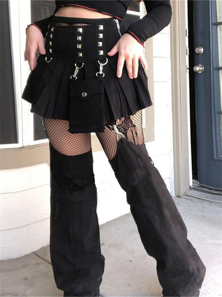 Emo Techwear Grunge Pants Skirt Cargo Harajuku Gothic Hollow Patchwork Jean Y2k Streetwear Punk Goth Egirl Trousers Alt Clothes