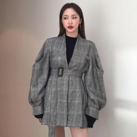 England Style Plaid Blazer Women High Waist Belt V-neck Vintage Female Jacket Outerwear