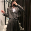 England Style Plaid Skirt Suits Women 3 Pieces Set Brown Casual Cropped Jacket Vest Skirt Blazer Set Female Women Suit