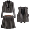 England Style Plaid Skirt Suits Women 3 Pieces Set Brown Casual Cropped Jacket Vest Skirt Blazer Set Female Women Suit