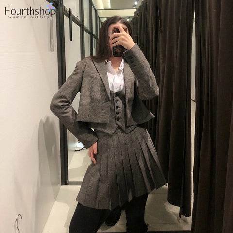 England Style Plaid Skirt Suits Women 3 Pieces Set Brown Casual Cropped Jacket Vest Skirt Blazer Set Female Women Suit