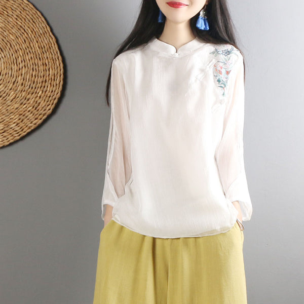 Ethnic Chinese Style Stand Collar Embroidery Floral Shirt Women Elegant Casual Long Sleeve White Top Retro Cotton Linen Blouse