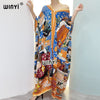 Europe Printed caftan For Women crumple Design Loose Dress Batwing Maxi Long Femme Vestidos Summer Autumn Party Elegant Dress