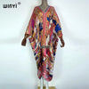 Europe Printed caftan For Women crumple Design Loose Dress Batwing Maxi Long Femme Vestidos Summer Autumn Party Elegant Dress