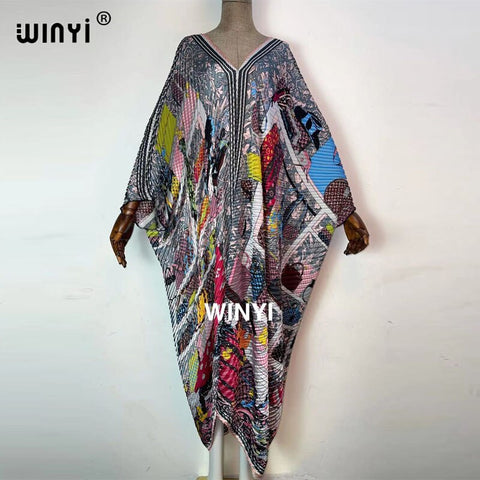 Europe Printed caftan For Women crumple Design Loose Dress Batwing Maxi Long Femme Vestidos Summer Autumn Party Elegant Dress