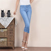 Europe US New Fashion lady casual Cropped Jeans Cute blue girls Cotton Denim High waist Pockets Slim Knee length Capri Pants
