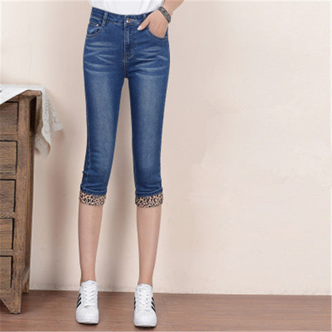 Europe US New Fashion lady casual Cropped Jeans Cute blue girls Cotton Denim High waist Pockets Slim Knee length Capri Pants