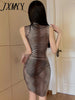 European American Women Sexy Perspective Gradient Color Slim Hip Sleeveless Bodycon bandage Club Evening Party Dress
