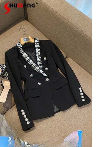 European  Rhinestones Blazer Jackets for Women Vintage Diamonds  Blazer Female Leisure Long Sleeve Suit Blazers Feminino