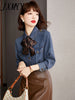European Station Spring And Autumn Products Elegant Temperament Streamer Denim Shirt Women's Loose Thin Shirt Top