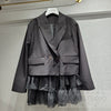 European Style Black Blazer Women 2023 Spring Autumn Slim-Fitting Patchwork Mesh Lace Hem Loose Coat Casaco Feminino