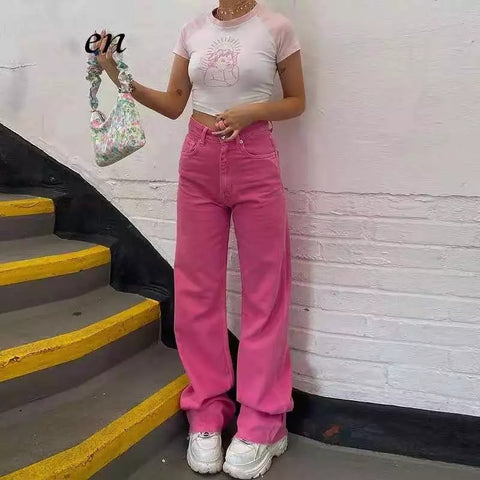 European and American women's candy color high waist jeans women 2022 y2k color slim retro wide leg trousers jeans women