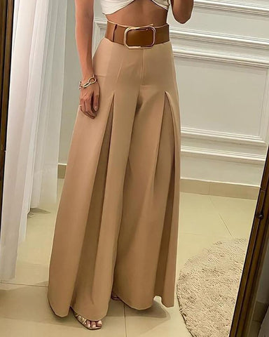 European and American style casual solid color open fold wide-leg pants