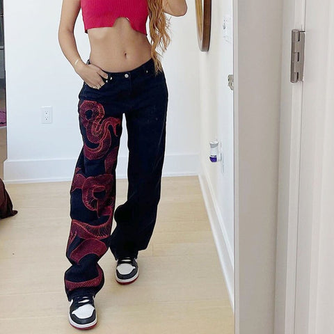 European and American sexy snake print girl jeans female personality trend goth street loose wild black straight pants women