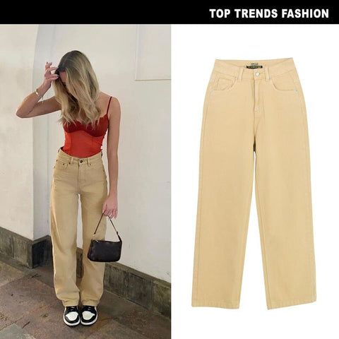 European and American women's high waist loose straight khaki denim pants drape ice cream color street girl sneakers pants