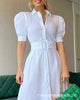 European and American women's white puff sleeve shirt dress-with belt