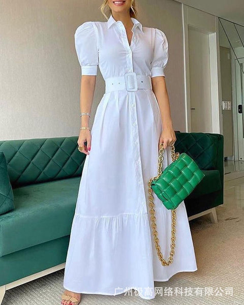 European and American women's white puff sleeve shirt dress-with belt