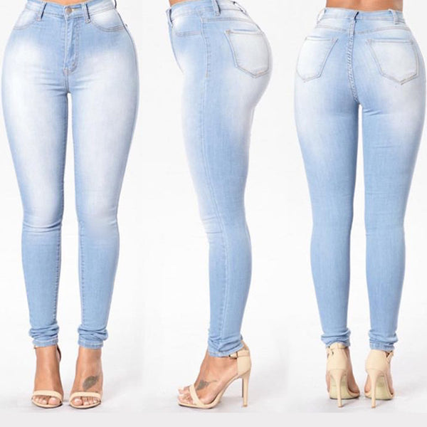 European trend women cotton jeans elastic plus size denim pants fashion all match package hip bleached female trousers HM1191