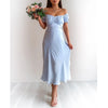 EvaQueen Solid Blue Elegant Women Dress Ruched Off Shoulder High Waist Bandage Midi Dresses Summer Loose Bohemian Beach Vestidos