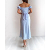 EvaQueen Solid Blue Elegant Women Dress Ruched Off Shoulder High Waist Bandage Midi Dresses Summer Loose Bohemian Beach Vestidos