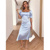 EvaQueen Solid Blue Elegant Women Dress Ruched Off Shoulder High Waist Bandage Midi Dresses Summer Loose Bohemian Beach Vestidos
