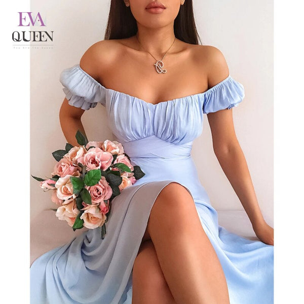 EvaQueen Solid Blue Elegant Women Dress Ruched Off Shoulder High Waist Bandage Midi Dresses Summer Loose Bohemian Beach Vestidos