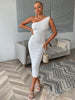 Evaqueen Mesh Solid White Tight Midi Dress Women One Shoulder Backless Ruched Midi Dresses Zipper Sexy Party Club Vestidos 2022